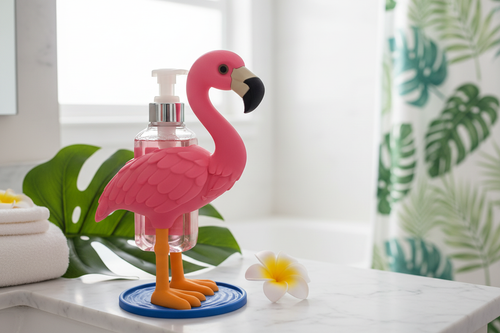 Flamingo Soap Dispenser Holder in Tropical Bathroom Setting