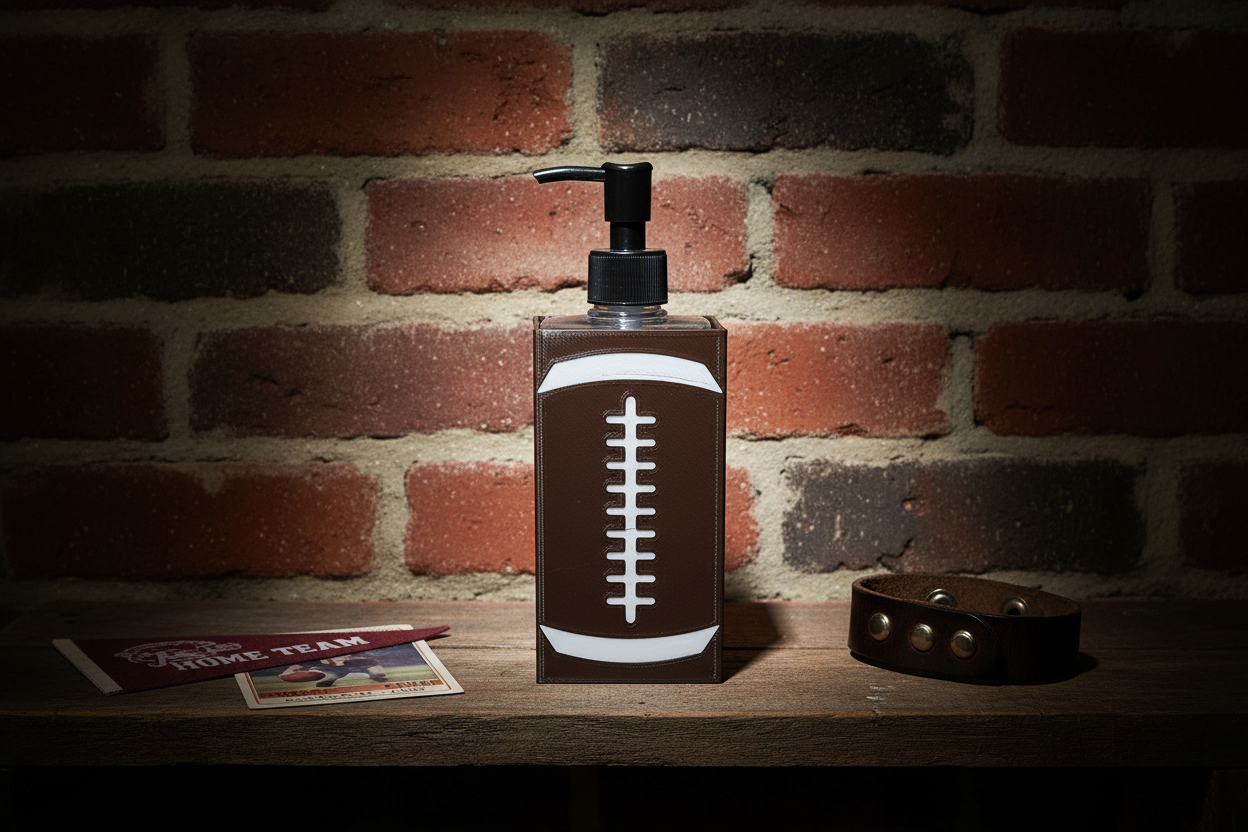 Football Soap Dispenser Holder in Moody Man Cave Bathroom Setting