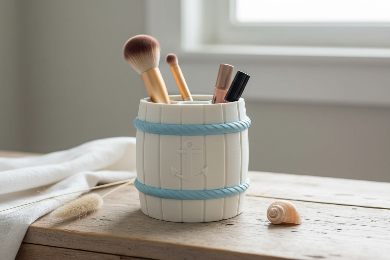 Nautical Makeup Organizer on Coastal Vanity Setting