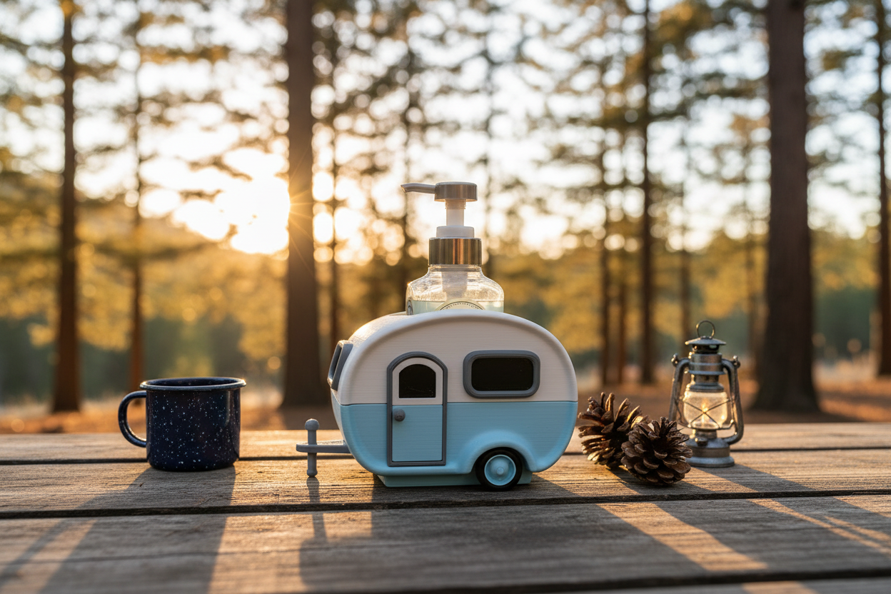 Retro Camper Soap Holder on Rustic Outdoor Camping Setting
