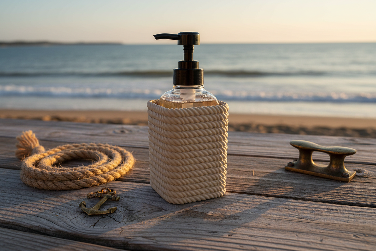 Rope Soap Dispenser Holder on Weathered Dock at Golden Hour