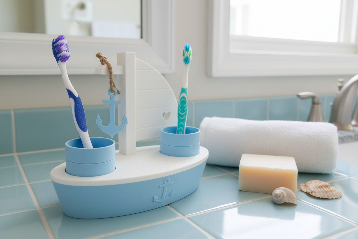 Sailboat Toothbrush Holder in Bright Coastal Bathroom Setting