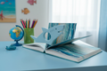 Shark Page Holder on Bright Kids Desk with Ocean Adventure Aesthetic