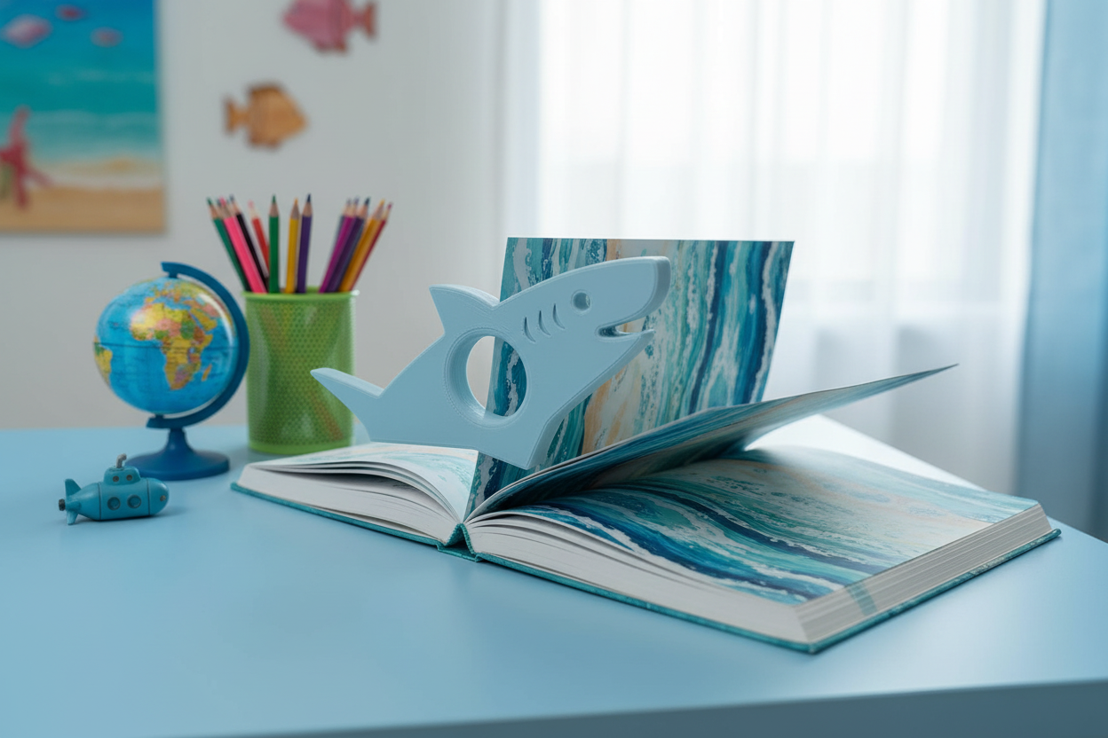 Shark Page Holder on Bright Kids Desk with Ocean Adventure Aesthetic