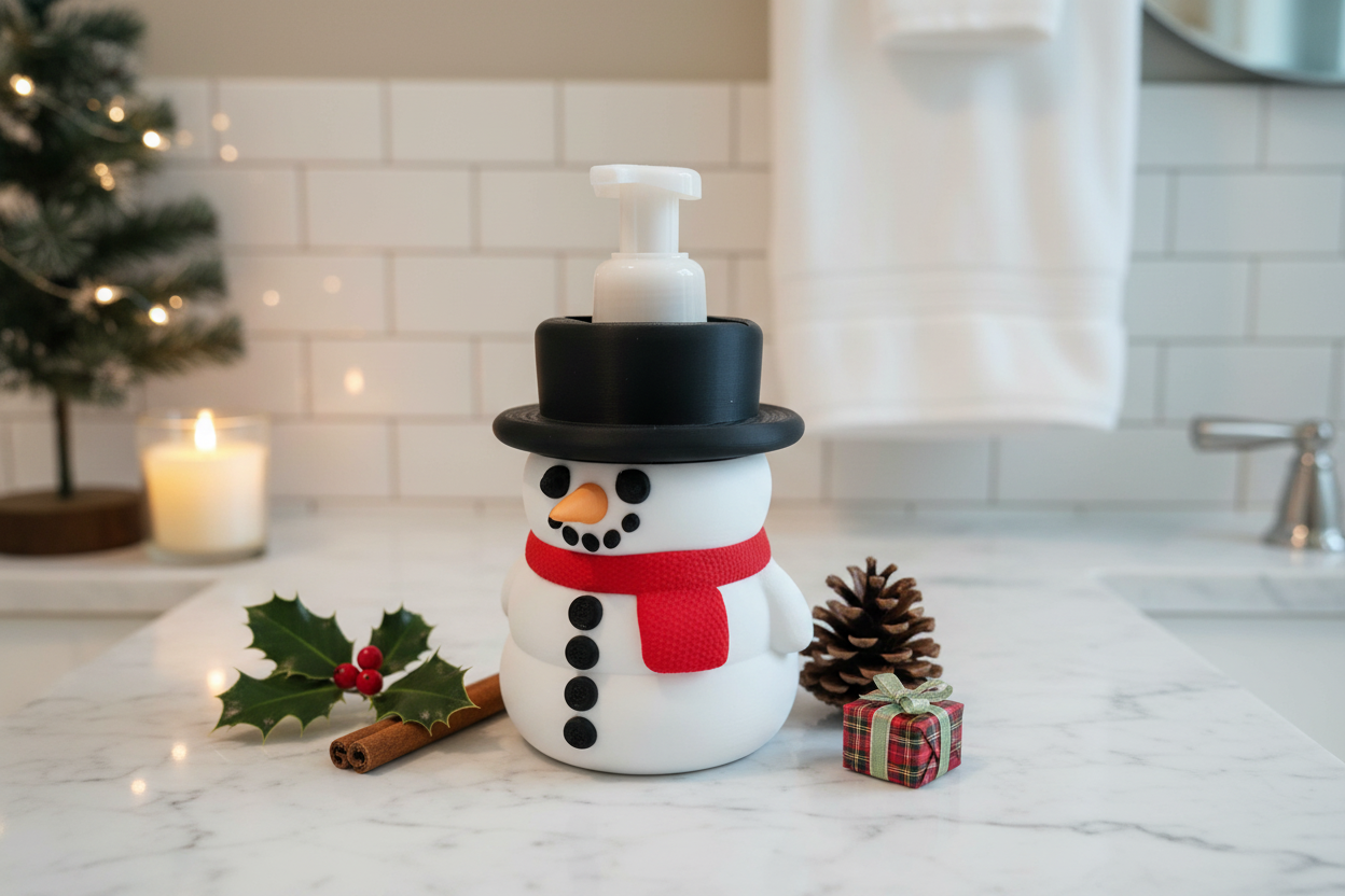 Snowman Soap Dispenser Holder in Cozy Winter Holiday Bathroom Setting