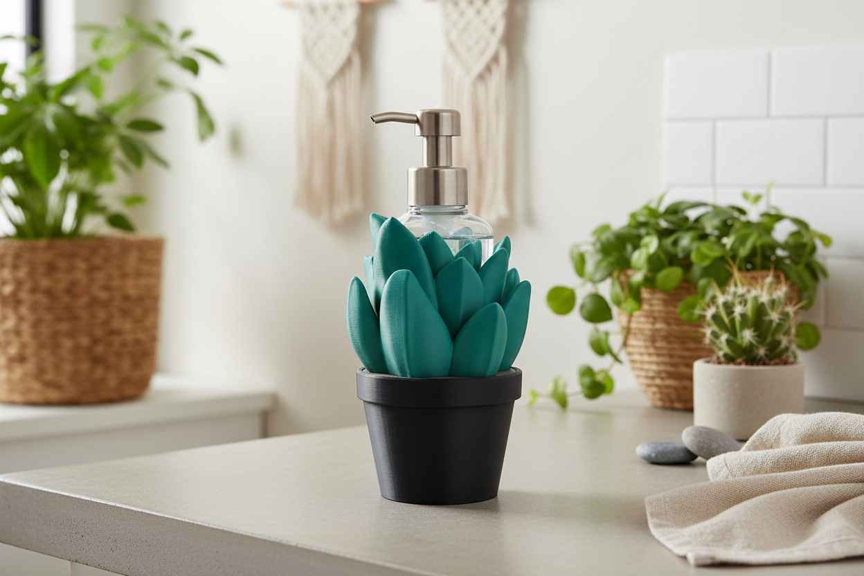 Succulent Soap Dispenser Holder in Modern Boho Bathroom Setting
