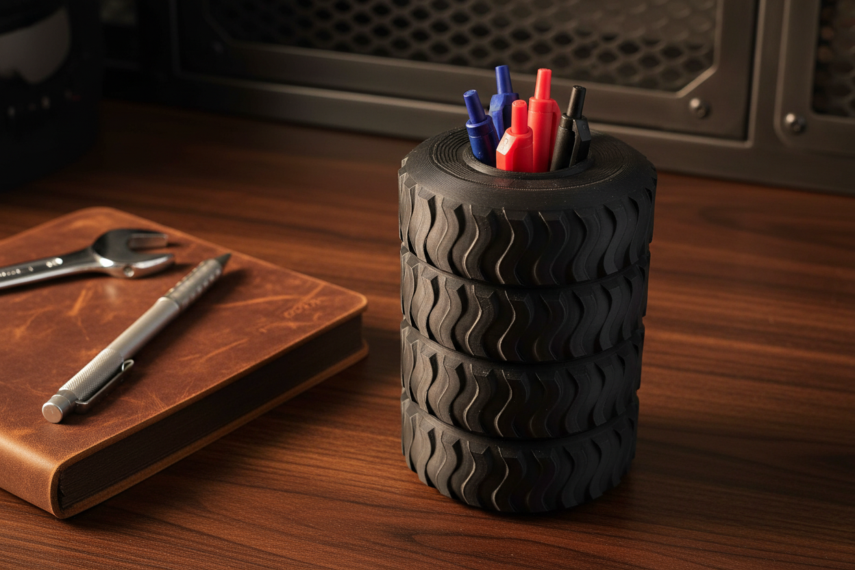 Tire Stack Pen Holder on Industrial Desk Setup